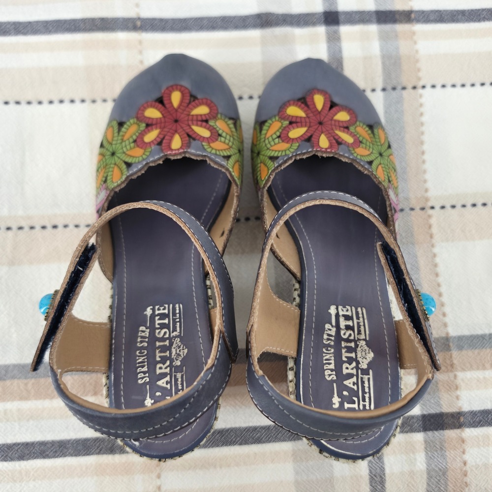 L'Artiste Fusta-Blum Leather Floral Wedge Sandals Women 38 Hand Painted Rose - Picture 13 of 15